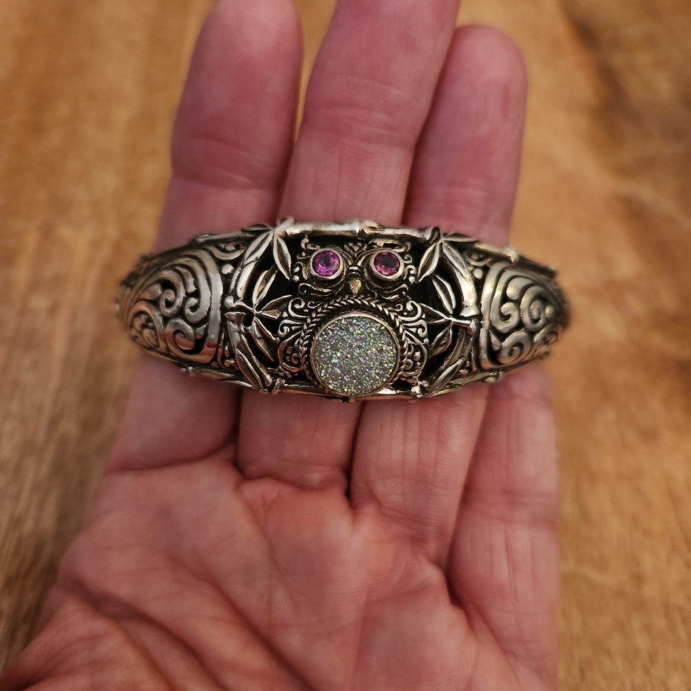 Sarda Silver Owl Hinged Cuff Bracelet